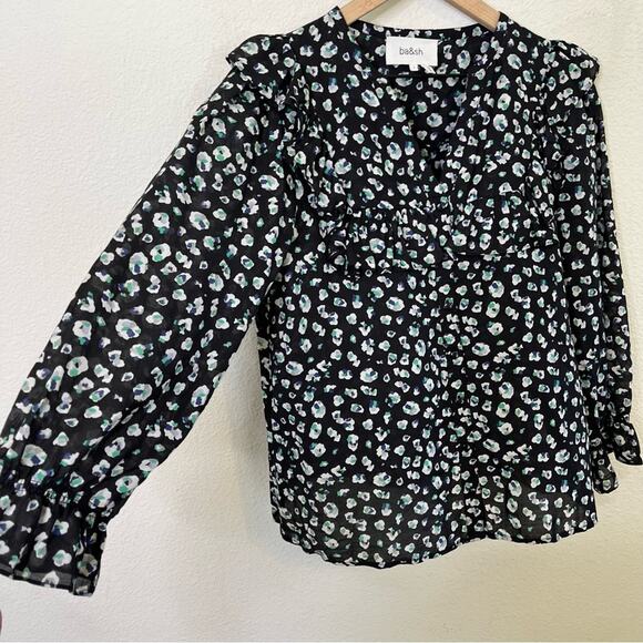 BA&SH Blake Black Leopard Printed Blouse Long Sleeve Cotton Button Front Top S - Picture 5 of 10